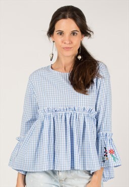 Flared Sleeve Top with Floral Embroidery in Light Blue Check