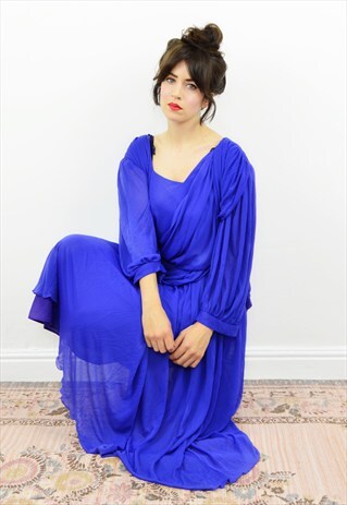 VINTAGE 80S ROYAL BLUE GRECIAN LAYERED EVENING DRESS