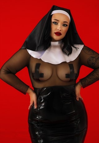 Plus size Nun Costume Set Vinyl Dress Nun Role Play Costume 