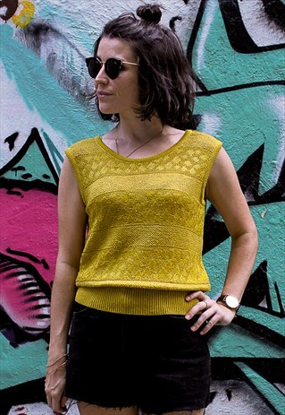 VINTAGE MUSTARD KNITTED TEXTURE STRIPE VEST