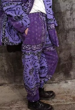 Paisley fleece joggers handmade Y2K bandanna overalls purple