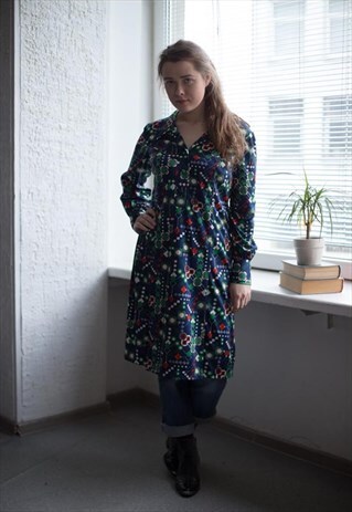 VINTAGE 80'S MIDI NAVY PATTERNED DRESS