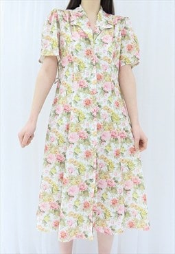 80s Vintage Multicoloured Pastel Floral Dress (Size L)