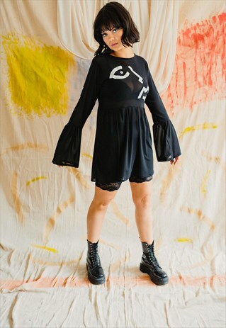 BLACK SHEER BELL SLEEVE ABSTRACT FACE DRESS