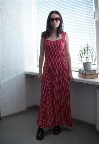 VINTAGE 80'S RED POLKA DOT SLEEVELESS MAXI DRESS