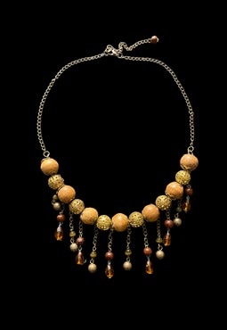 70's Vintage Wood Gold Ladies Beaded Brown Necklace