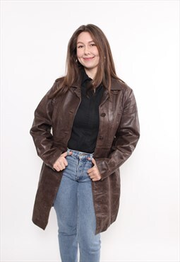 Brown leather trench, 90s vintage woman minimalist trench 