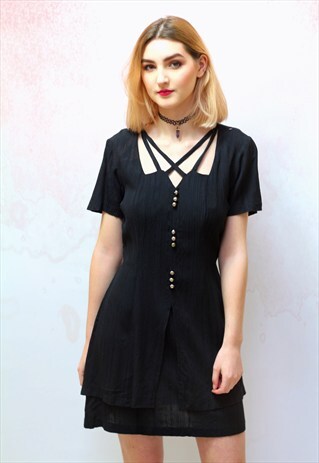 1990S VINTAGE BLACK CUT OUT NECKLINE MINI DRESS
