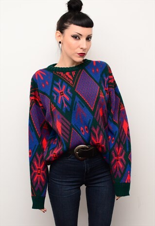 VINTAGE 90'S RETRO INDIE ABSTRACT PATTERNED SLOUCHY JUMPER