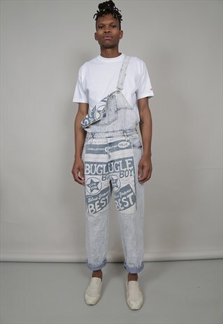 VINTAGE 80'S LIGHT-WASH DENIM PRINTED DUNGAREES
