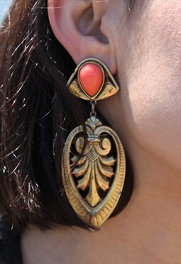 Vintage gold  metallic orange plastic long clip on earrings