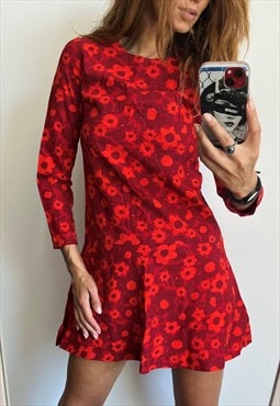 Retro Floral Red Mini Dress - S