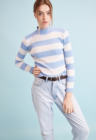 90'S RETRO NAUTICAL RIBBED KNIT TURTLENECK TEEN JUMPER TOP