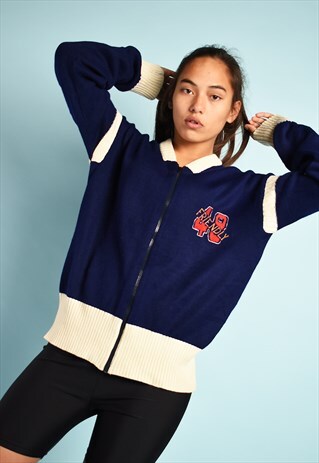 VINTAGE 80'S COLLEGE SPORTS KNIT CARDIGAN IN BLUE