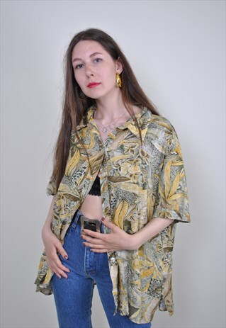 RETRO FLORAL PATTERN 70S RAVE BLOUSE, SIZE L