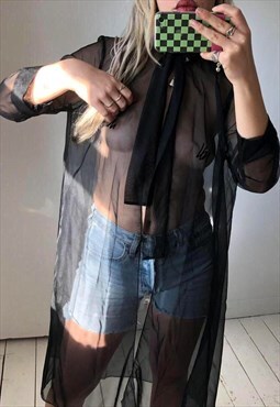 Vintage 1960s Sexy Sheer Black Silky Babydoll Pussy Bow Robe