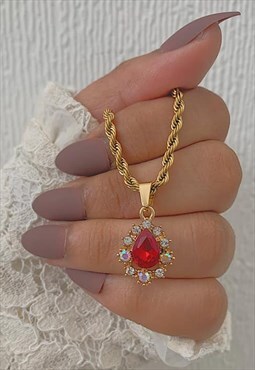 RANI. Ruby Red Crystal Pendant Gold Chain Necklace