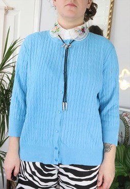Vintage 90s Blue Cable Aran Fisherman Knit Cardigan Sweater