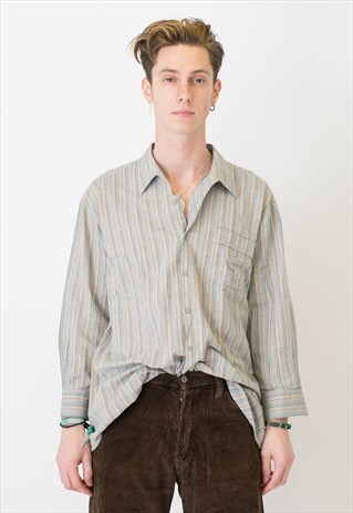 VINTAGE GREY STRIPED LONG SLEEVE RETRO SHIRT