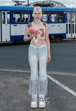 Vintage Y2K iconic cropped suede fringe jeans in light blue