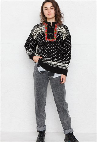 VINTAGE BLACK NORWEGIAN KNIT WOOL JUMPER SWEATER