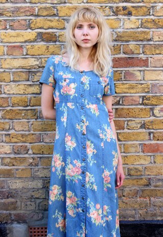 VINTAGE 90S FLORAL DENIM GRUNGE MIDI DRESS