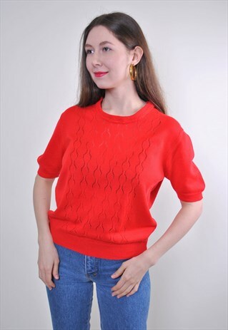 WOMEN RETRO RED KNITTED PULLOVER BLOUSE