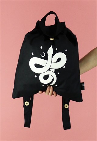 COILED SNAKE MOON PRINT COTTON BACKPACK - WHITE ON BLACK