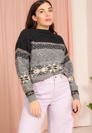 VINTAGE 80S JUMPER IN GREY FAIRISLE PATTERN