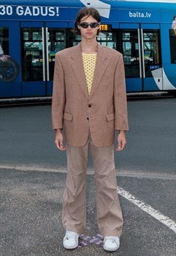 90's Vintage oversized elbow patch plaid blazer in beige