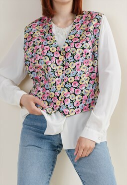 Vintage 70s Boho Button Up Pastel Floral Print Vest