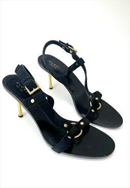 Gucci Black Suede Sandals with Gold Metal Heel 38 / 5