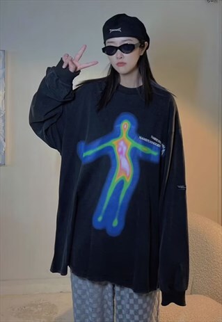 FLUORESCENT RAVER TOP PARTY PRINT NEON LONG T-SHIRT IN GREY