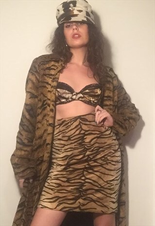 VINTAGE 90S TIGER PRINT FAUX FUR PENCIL SKIRT