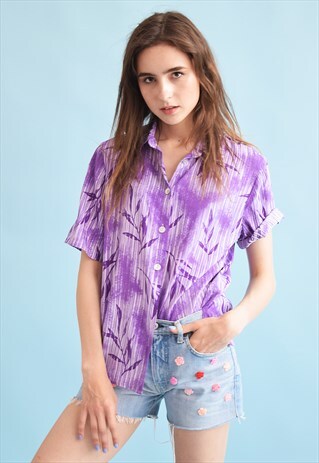 90'S RETRO LEAF PRINT STRIPED OVERSIZED MOMS BLOUSE TOP