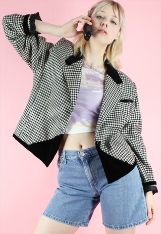 VINTAGE 90S TARTAN BLAZER BLACK WHITE SHORT CHECKERED