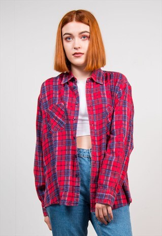 90'S RED GRUNGE CHECK BOYFRIEND FLANNEL SHIRT