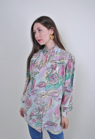80S MULTICOLOR BLOUSE, VINTAGE PATTERN FLOWERS ACID SHIRT