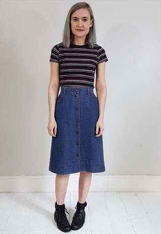 VINTAGE 70'S DENIM POPPERED SKIRT W/ ORANGE STITCHES