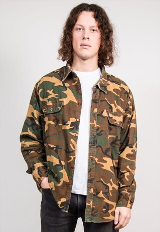 90'S VINTAGE ARMY CAMO PRINT FLANNEL SHIRT