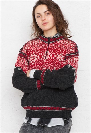 VINTAGE GREY RED TOTING NORWEGIAN KNIT WOOL JUMPER SWEATER