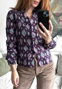 70s Printed Purple Boho Shirt - S - M