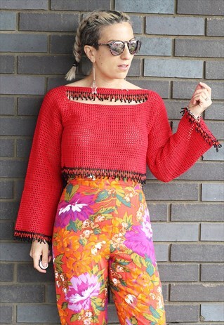 VINTAGE 1970S RED CUT OUT CROCHET BEADED BELL SLEEVE TOP