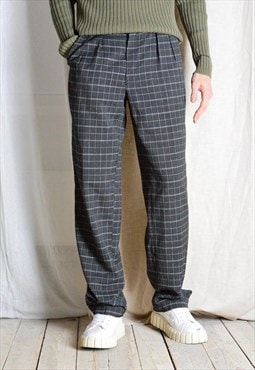 Vintage 70s Grey Black Check Pinstripe Pleated Mens Pants