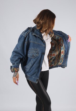VINTAGE DENIM BOMBER JACKET OVERSIZED PATTERNED UK 12 (E1U)