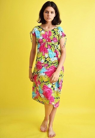 CUTE VINTAGE 80'S RETRO FLORAL PATTERN SMOCK MIDI DRESS