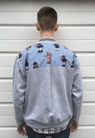 MENS GREY POLO BEAR STYLE REWORKED SWEATSHIRT JUMPER