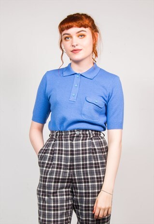 70'S VINTAGE BLUE KNIT POLO T-SHIRT STYLE TOP