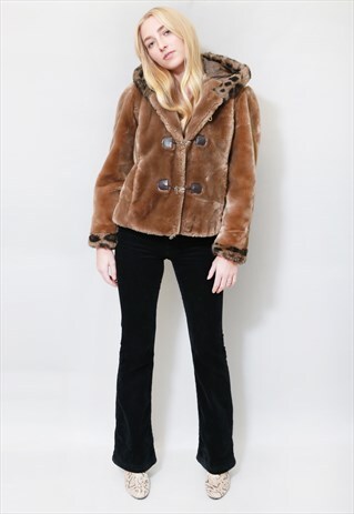 VINTAGE 1980'S BROWN CROPPED LEOPARD TRIM FAUX FUR COAT