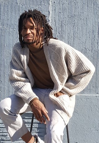 90S HERITAGE GRUNGE LUXURY TEXTURED WOOL BEIGE CARDIGAN